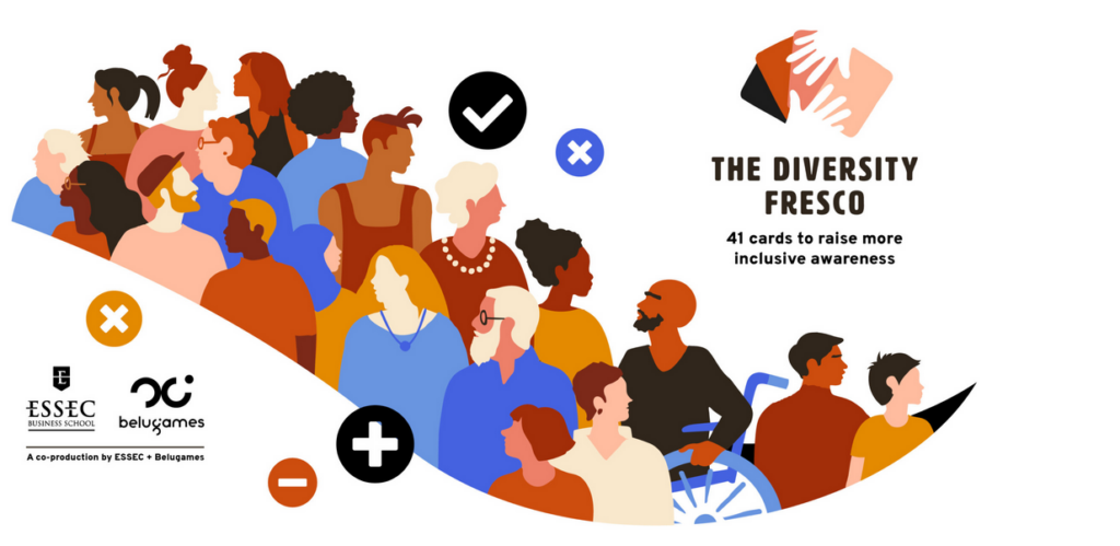 A group of people with diverse socio-demograhic characteristics with the 2-hands-on-cards logo of the diversity fresco