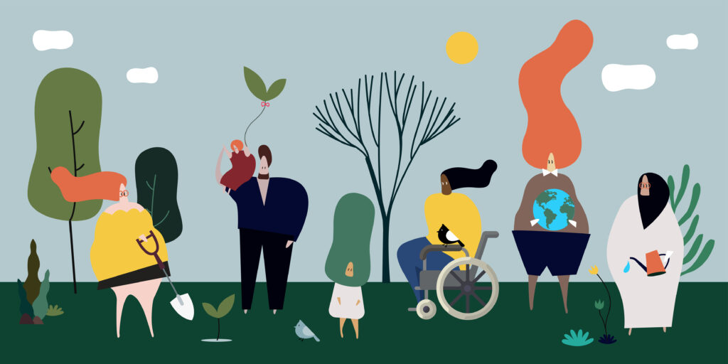 Seven human beings with various identity characteristics taking a stroll in nature