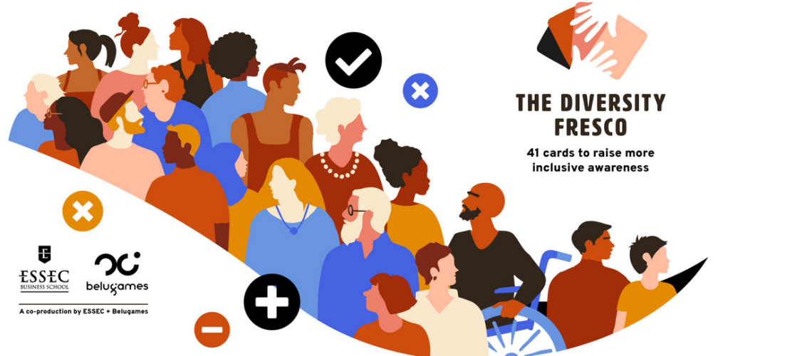 A group of people with diverse socio-demograhic characteristics with the 2-hands-on-cards logo of the diversity fresco